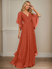 A-line V-Neck Floor-Length Chiffon Mother of the Bride Dress With Sequins Appliques Lace Beading