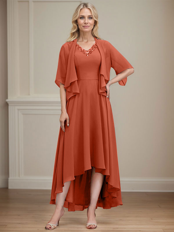 A-line V-Neck Asymmetrical Chiffon Mother of the Bride Dress With Beading Sequins