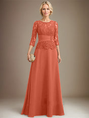 A-line Scoop Illusion Floor-Length Chiffon Lace Mother of the Bride Dress With Pleated Sequins Beading