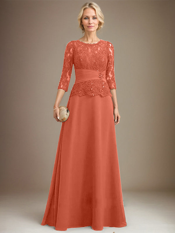 A-line Scoop Illusion Floor-Length Chiffon Lace Mother of the Bride Dress With Pleated Sequins Beading