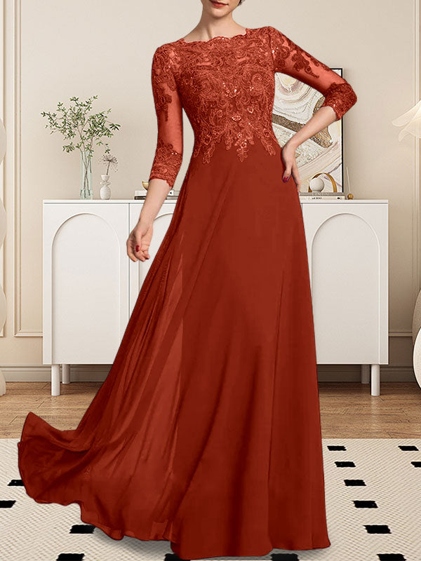 A-line Scoop Floor-Length Lace Chiffon Mother of the Bride Dress With Sequins