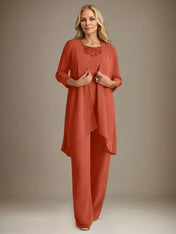 Chiffon Scoop Long Sleeves Mother Of The Bride Pantsuits With Jacket