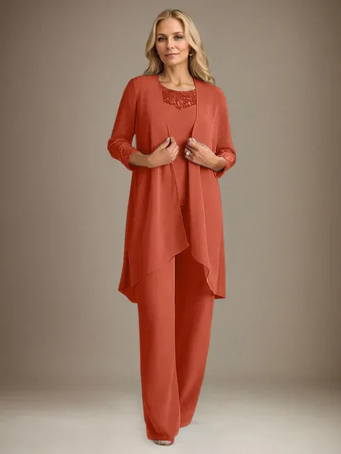 Chiffon Scoop Long Sleeves Mother Of The Bride Pantsuits With Jacket