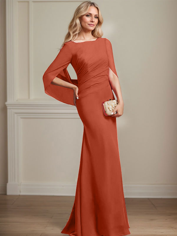 Mermaid Boat Neck Floor-Length Chiffon Mother of the Bride Dress With Pleated