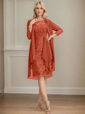 Sheath/Column Scoop Illusion Knee-Length Lace Chiffon Mother of the Bride Dress With Cascading Ruffles Sequins