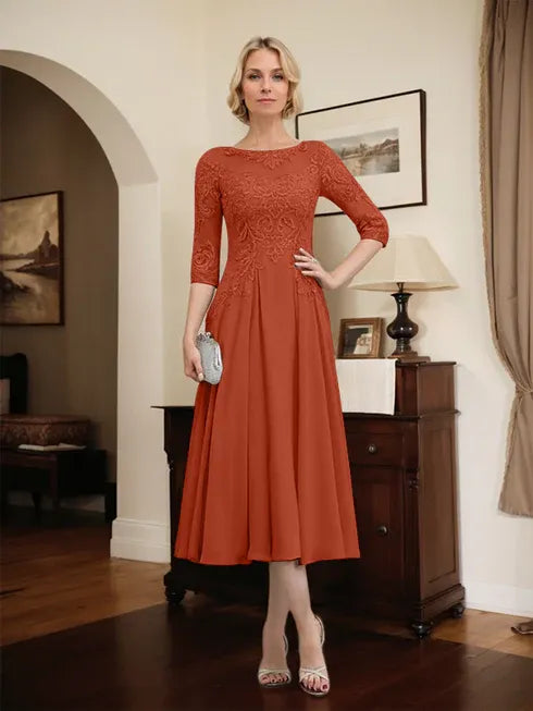A-line Scoop Illusion Tea-Length Chiffon Lace Mother of the Bride Dress With Beading Sequins