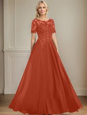 A-line Scoop Illusion Floor-Length Chiffon Lace Mother of the Bride Dress With Sequins Beading