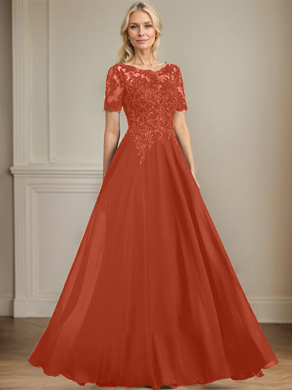 A-line Scoop Illusion Floor-Length Chiffon Lace Mother of the Bride Dress With Sequins Beading