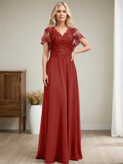 A-line V-Neck Floor-Length Lace Chiffon Mother of the Bride Dress With Sequins