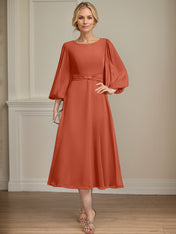 A-line Scoop Tea-Length Chiffon Mother of the Bride Dress With Crystal Brooch Pleated
