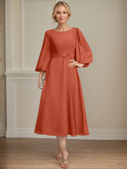 A-line Scoop Tea-Length Chiffon Mother of the Bride Dress With Crystal Brooch Pleated