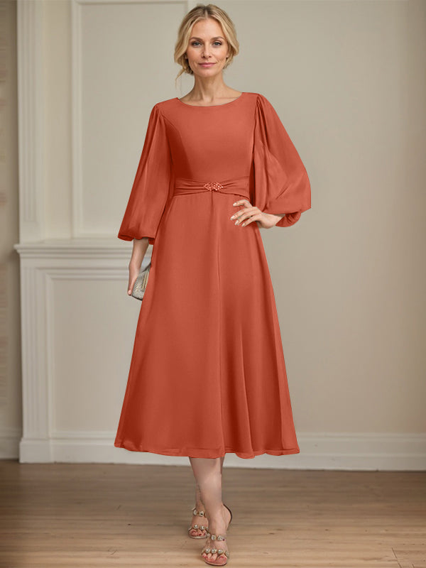 A-line Scoop Tea-Length Chiffon Mother of the Bride Dress With Crystal Brooch Pleated