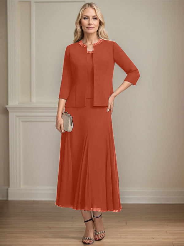 Separates A-line Scoop Tea-Length Chiffon Mother of the Bride Dress With Sequins Beading