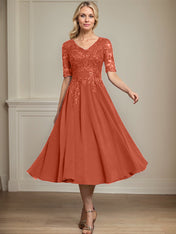 A-line V-Neck Tea-Length Lace Chiffon Mother of the Bride Dress With Sequins