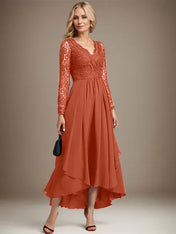 A-line V-Neck Asymmetrical Lace Chiffon Mother of the Bride Dress