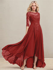 A-line Scoop Illusion Asymmetrical Lace Chiffon Mother of the Bride Dress With Pleated Sequins