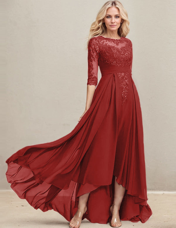 Robe de mère de la mariée asymétrique en mousseline de soie et dentelle, coupe trapèze, décolleté en V, avec sequins plissés 