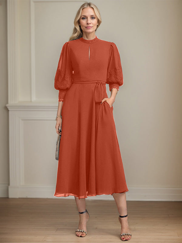 A-line High Neck Tea-Length Lace Chiffon Mother of the Bride Dress With Bow