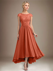A-line Scoop Illusion Asymmetrical Lace Chiffon Mother of the Bride Dress With Pleated
