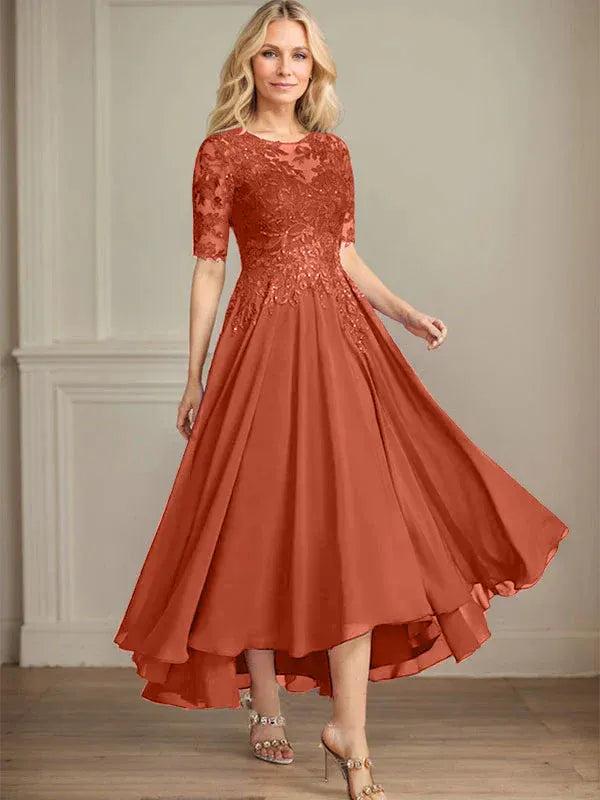 Robe de mère de la mariée asymétrique en mousseline de soie et dentelle, coupe trapèze, décolleté en V, illusion, avec paillettes 