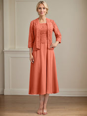 A-line Scoop Tea-Length Lace Chiffon Mother of the Bride Dress
