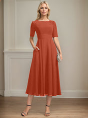 A-line Scoop Tea-Length Chiffon Mother of the Bride Dress With Appliques Lace Sequins