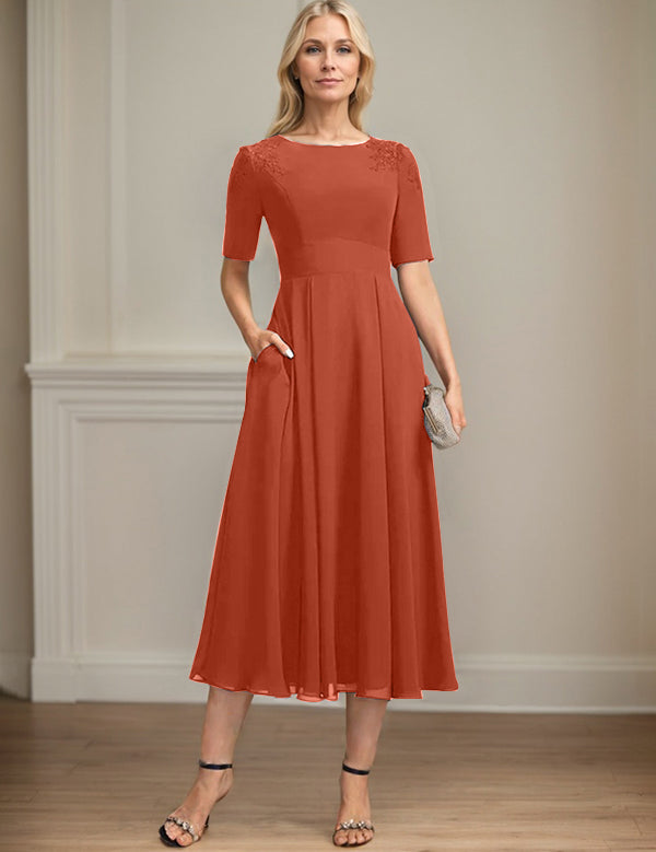 A-line Scoop Tea-Length Chiffon Mother of the Bride Dress With Appliques Lace Sequins