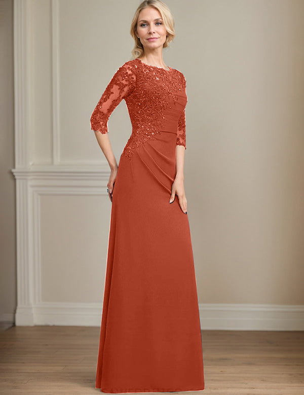 Robe de mère de la mariée trapèze en mousseline de soie et dentelle, longueur au sol, avec perles et paillettes plissées
