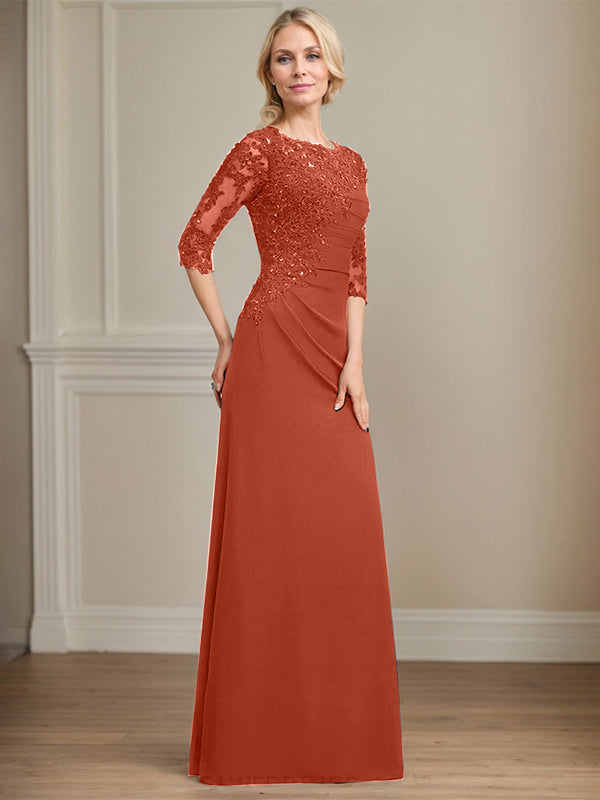 A-line Scoop Floor-Length Chiffon Lace Mother of the Bride Dress With Beading Pleated Sequins