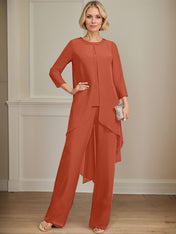 Separates Jumpsuit/Pantsuit Scoop Floor-Length Chiffon Mother of the Bride Dress With Sequins Beading