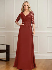 A-line V-Neck Floor-Length Lace Chiffon Mother of the Bride Dress With Pleated Sequins