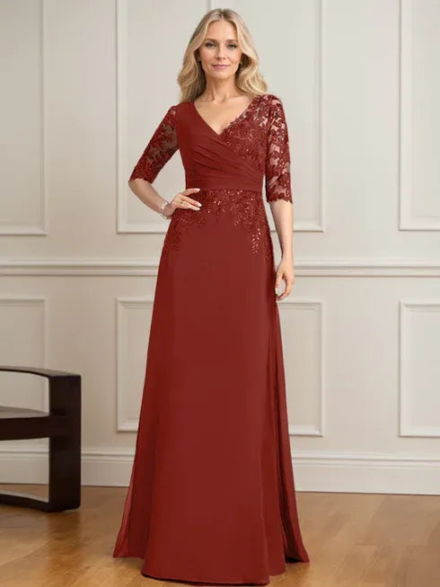 Robe de mère de la mariée trapèze, col en V, longueur au sol, en mousseline de soie et dentelle, avec sequins plissés 
