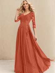 A-line V-Neck Floor-Length Lace Chiffon Mother of the Bride Dress With Sequins