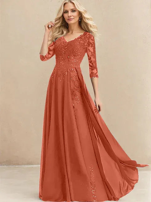 A-line V-Neck Floor-Length Lace Chiffon Mother of the Bride Dress With Sequins