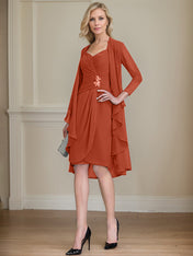 Sheath/Column Sweetheart Knee-Length Chiffon Mother of the Bride Dress With Beading Appliques Lace Sequins Pleated