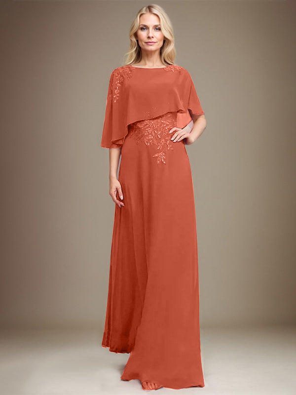 A-line Scoop Floor-Length Chiffon Lace Mother of the Bride Dress With Sequins Beading