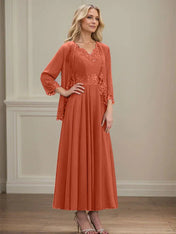 A-line V-Neck Ankle-Length Chiffon Mother of the Bride Dress With Sequins Appliques Lace Beading
