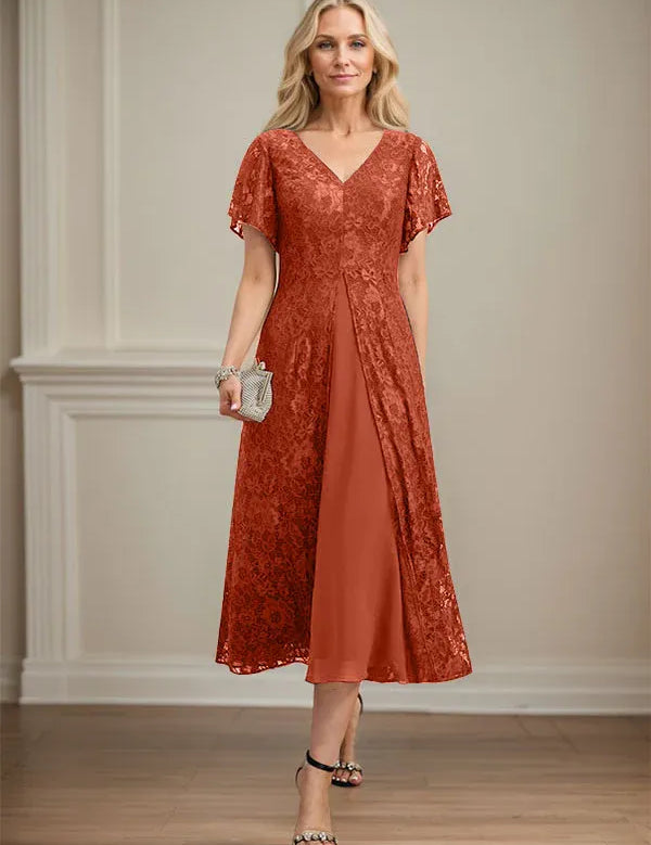 A-line V-Neck Tea-Length Lace Chiffon Mother of the Bride Dress
