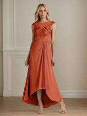 Champagne A-Line Scoop Lace Chiffon Dress