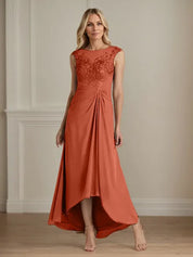 Champagne A-Line Scoop Lace Chiffon Dress