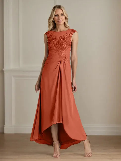 Champagne A-Line Scoop Lace Chiffon Dress