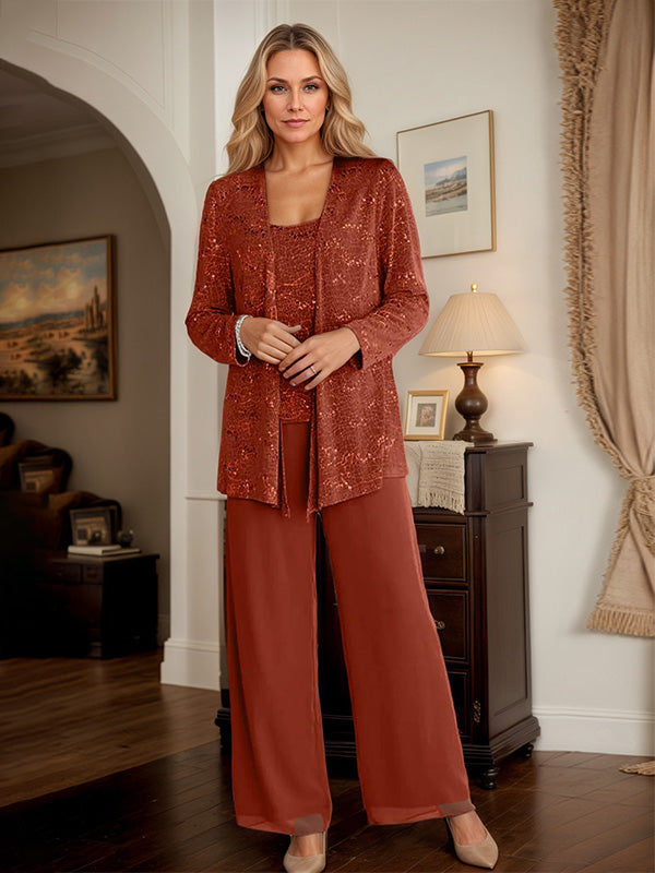 Chiffon Mother of the Bride Pantsuits with Jacket & Sequins