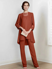 Tailleur-pantalon en mousseline à manches longues pour mère de la mariée avec veste 