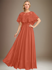 A-line Boat Neck Floor-Length Lace Chiffon Mother of the Bride Dress With Applique Sequins