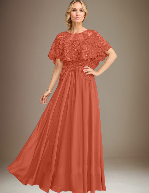 A-line Boat Neck Floor-Length Lace Chiffon Mother of the Bride Dress With Applique Sequins