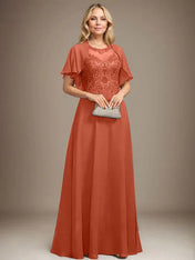 A-line Scoop Illusion Floor-Length Lace Chiffon Mother of the Bride Dress With Sequins