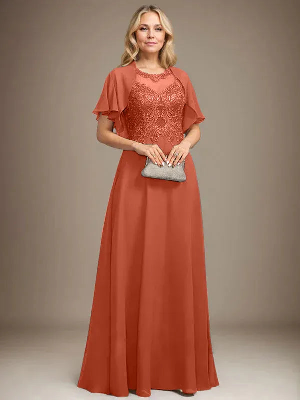 Robe de mère de la mariée trapèze en mousseline de soie et dentelle, longueur au sol, avec décolleté en V et paillettes 