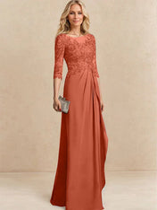 A-line Scoop Illusion Floor-Length Chiffon Lace Mother of the Bride Dress With Beading Sequins Cascading Ruffles