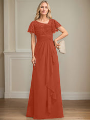 A-line Asymmetrical Illusion Floor-Length Lace Chiffon Mother of the Bride Dress With Cascading Ruffles Sequins