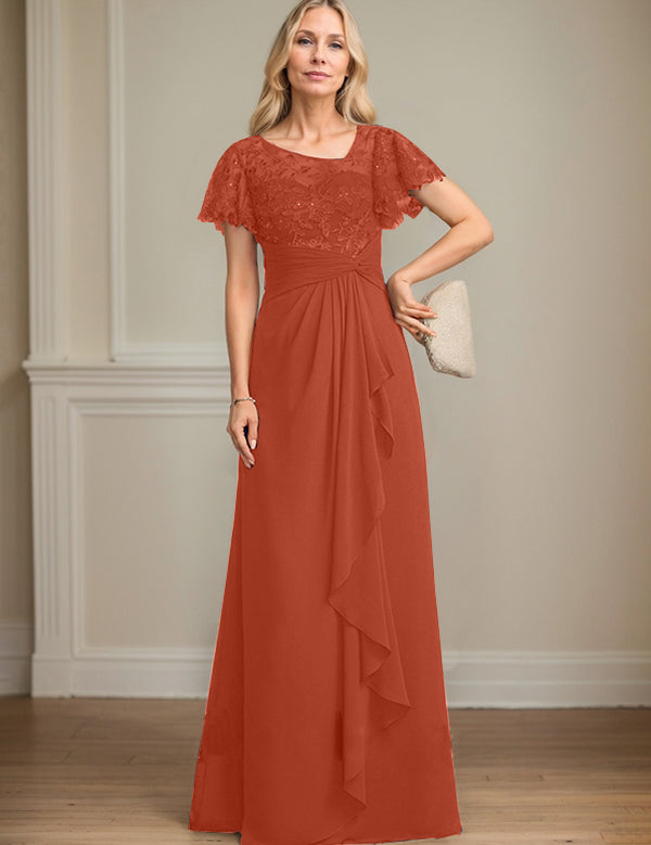 A-line Asymmetrical Illusion Floor-Length Lace Chiffon Mother of the Bride Dress With Cascading Ruffles Sequins